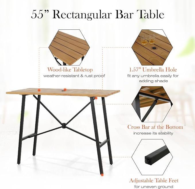 Sophia & William Outdoor Bar Set, Patio Bar Table and Chairs Set, Bar Height Patio Set - 4 x Swivel Bar Chairs(Brown), 1 x Rectangular Bar Table(Wood-Like)