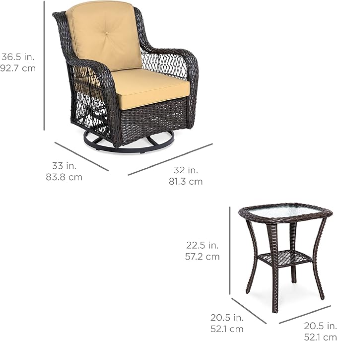 Best Choice Products 3-Piece Outdoor Wicker Patio Bistro Set w/ 2 360-Degree Swivel Rocking Chairs and Tempered Glass Top Side Table - Beige