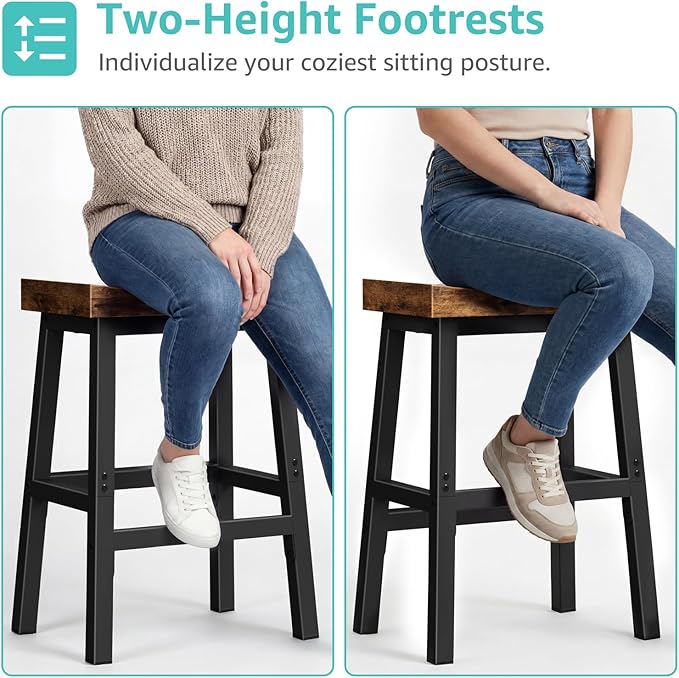 Rustic Bar Stools, 24 Inch Barstools, Counter Height Stools with Footrest, Wooden Stool for Kitchen Island, Heavy Duty Backless Chair for Dining Table Farmhouse Outdoor 1 PC