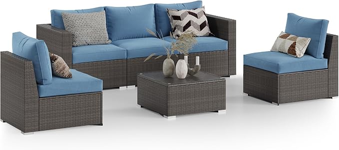 Wisteria Lane 2 Piece Patio Furniture Set of 2 Seats,Outdoor Wicker Patio Loveseat Sofa with Cushion, Outdoor Sectional Corner Sofa for Garden Backyard, Blue