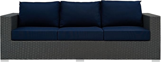 Modway Sojourn Wicker Rattan Outdoor Patio Sunbrella Fabric Sofa in Canvas Navy