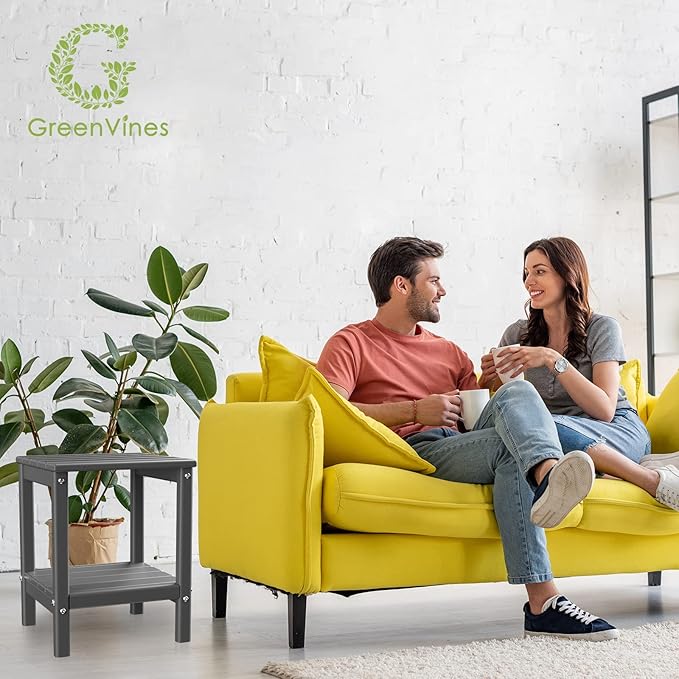 GREENVINES Adirondack-Outdoor-Side-Table | Set of 4 | 14 x 13 Inches | HDPE Plastic | All Weather | Grey | Outside End Tables | Storage Shelf | for Patio Porch Backyard Indoor