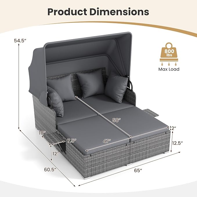 ORALNER Outdoor Daybed, 2-Person Wicker Patio Sofa with Retractable Canopy, Cushions & Pillows, 2 Side Trays, PE Rattan Double Sunbed for Deck Poolside Garden Balcony Backyard (Gray, Mix Gray)