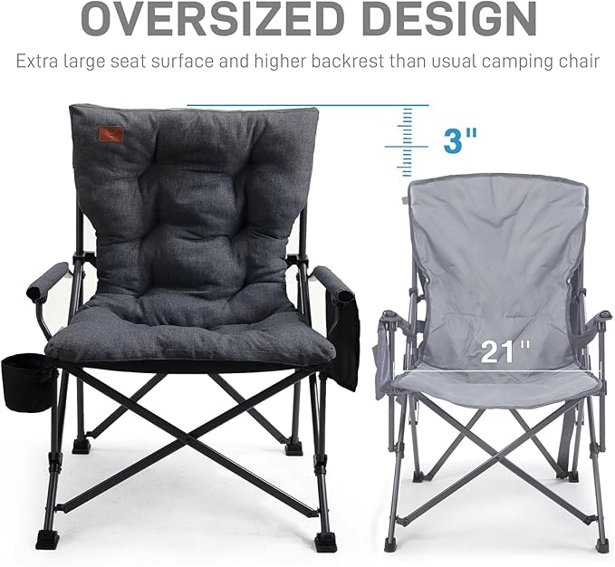 EVER ADVANCED Padded Oversized Folding Camping Chair for Adults, Heavy Duty Lawn Chair with Side Pockets, Portable Collapsible Quad Chair for Outside, Support Up to 500lbs, Black