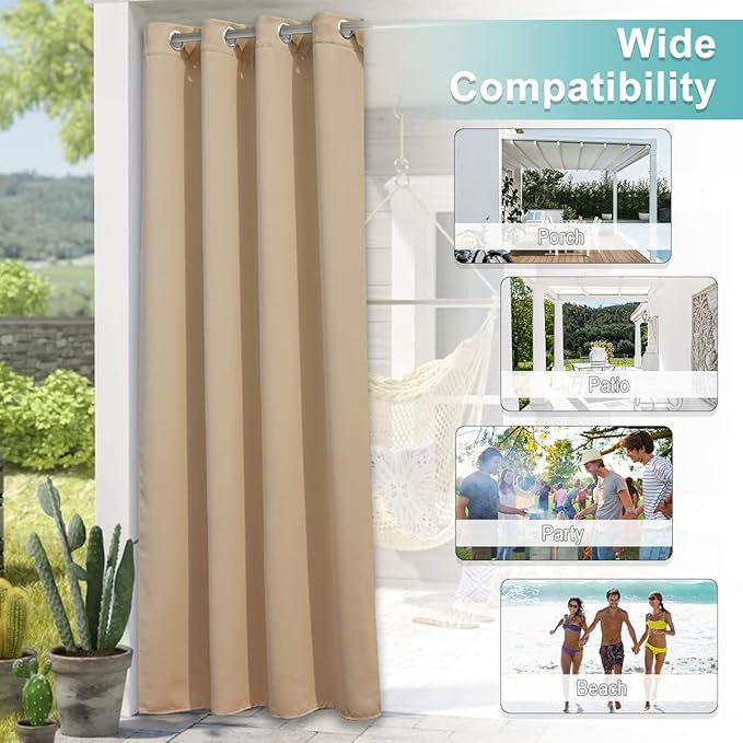 NICETOWN Outdoor Curtains for Patio Waterproof 84 inches Long 2 Panels Set, Weatherproof Thermal Insulated Privacy Protection Curtains for Porch/Gazebo/Hallway, Biscotti Beige, W52 x L84 Inch
