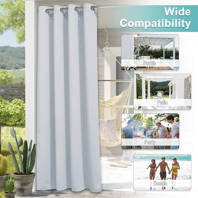 NICETOWN Patio Curtain for Outdoor Waterproof, Home Fashion Machine Washable Stainless Steel Ring Top Thermal Insulated Room Darkening Privacy for Balcony, 1 Panel, 52" W x 108" L, Greyish White