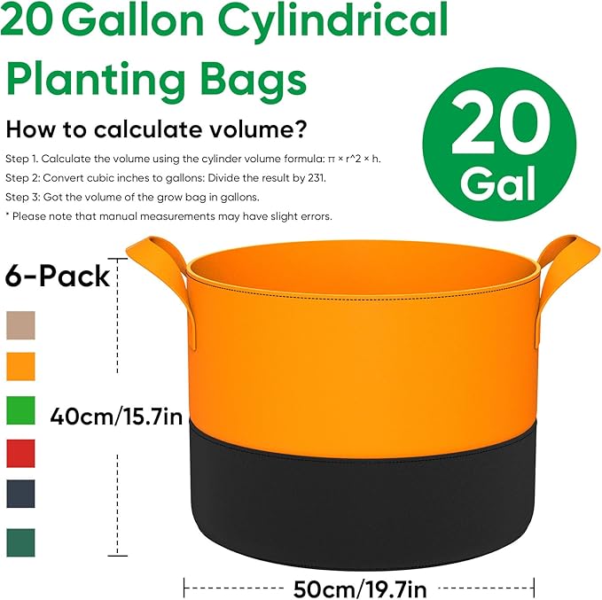 6-Pack 20 Gallon Grow Bags - 350G Heavy Duty Thickened Colorful Potato Grow Bags with Handles, Felt Nonwoven Garden Fabric Bags Gardening Pots for Vegetable Fruit Flowers Herbs Tomato Growing