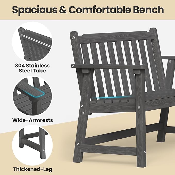 Ciokea 48" Outdoor Bench Set of 2, HDPE Weatherproof Garden Bench, 2-Person Memorial Benches with 550 Lbs, Waterproof Patio Porch Benches for Outside Balcony Deck Backyard, Dark Grey