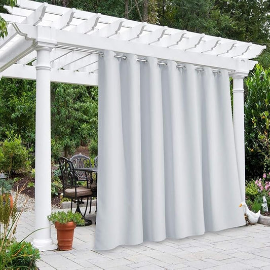 NICETOWN Patio Outdoor Curtain Waterproof Extra Wide and Long, Rustproof Grommet W100 x L108 Room Darkening Outdoor Living Divider Privacy Thermal Insulated Blinds for Pool, Greyish White, 1 Piece