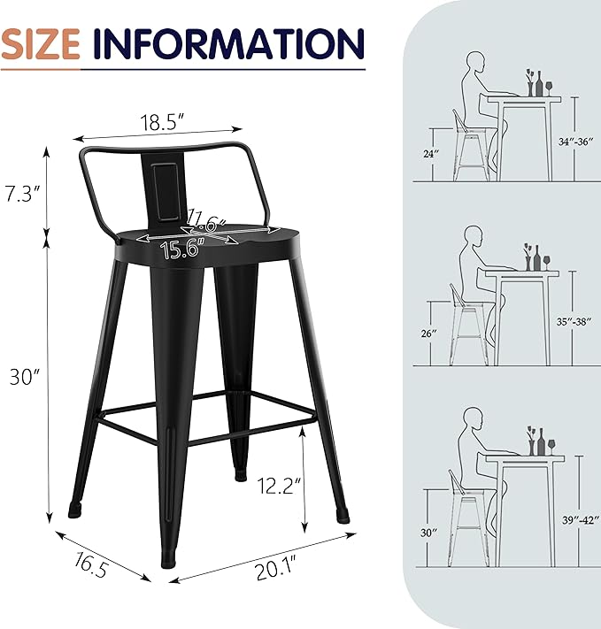 Aklaus Metal Bar Stools Set of 4 Counter Height Bar Stools for Kitchen Island Farmhouse Barstools with Removable Back 30" Indoor Outdoor Barstools, Matte Black