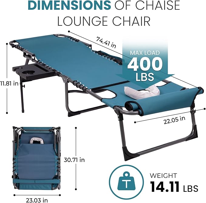 FUNDANGO 4 in 1 Tanning Chair with Face Hole & Canopy Shade, Beach Lounge Chair with Side Table Chaise Lounge Chairs for Patio, Pool, Lawn, Sunbathing, 5-Position Adjustable Sun Lounger,Cyan
