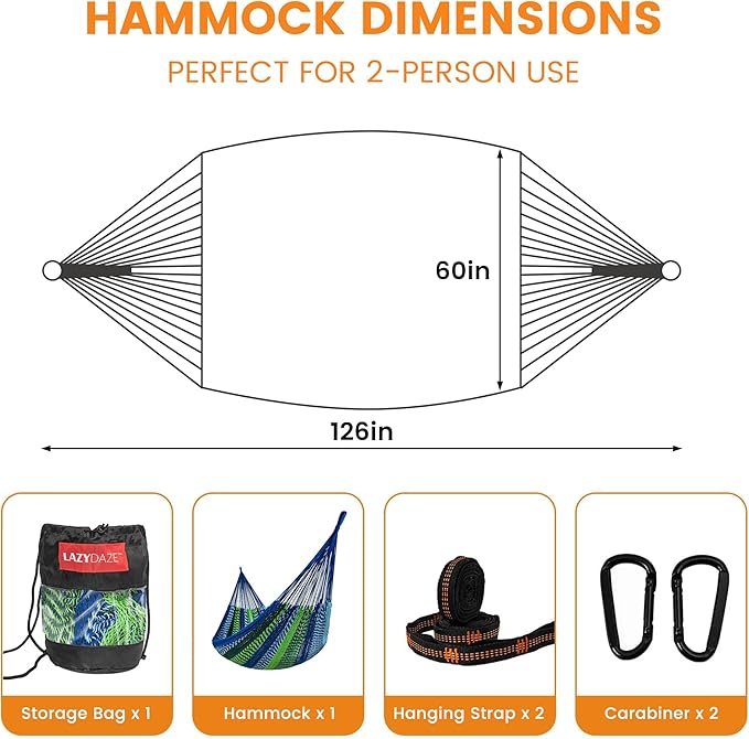 Lazy Daze Hammocks Handwoven Mayan Hammock, 10.5 FT Soft Rope Double Hammocks, Portable Outdoor Hammock with Carry Bag, 2 Straps & Carabiners for Patio Outside, 550 lbs Weight Capacity, Blue/Green