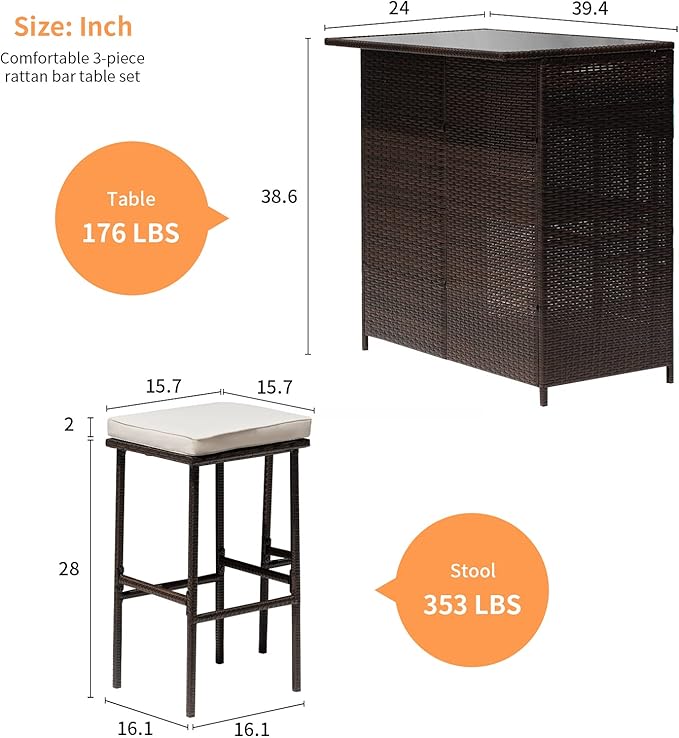 Wicker Patio Furniture 3 Piece Patio Bar Table Set Chairs Wicker Outdoor Rattan Bistro Set Glass Top Table and Two Stools for Yard or Backyard