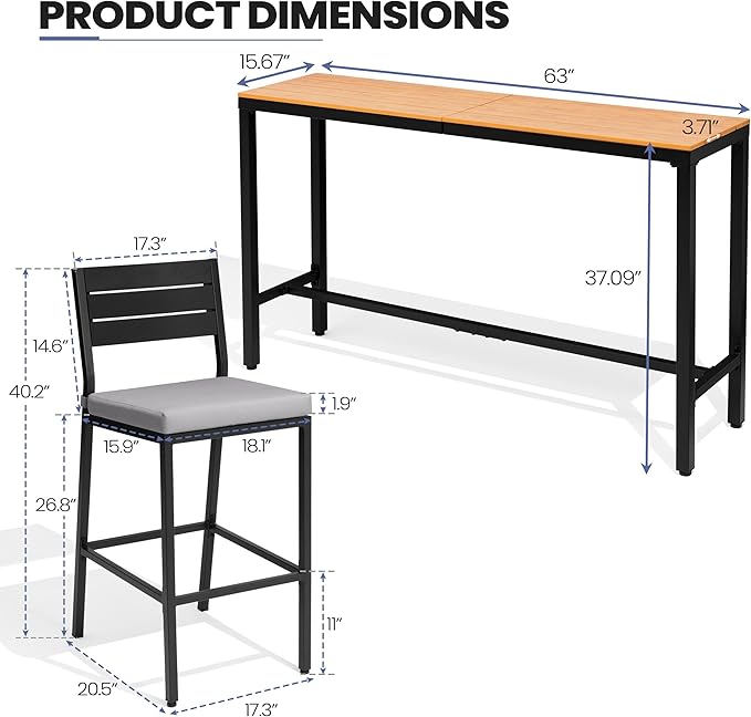 Crestlive Products Outdoor Bar Table and Chairs Set, 3 Piece Outside Patio Bar Set with 63" Long Bar Table and 2 Bar Stools for Balcony, Bistro, Garden, Backyard(Brown Desktop and Light Gray Cushion)