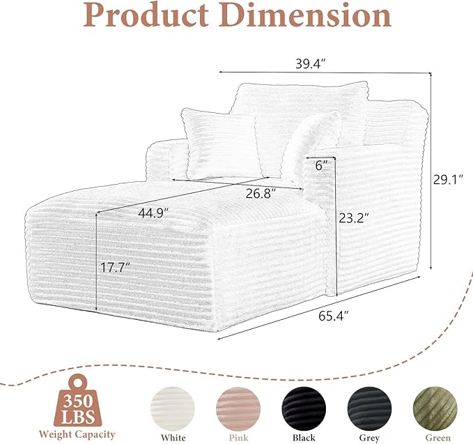 65.4" Chaise Lounge Chair Indoor, Oversized Boneless Couch Comfy Upholstered Sleeper Sofa Bed with 3 Pillows, Corduroy Cloud Reading Chair for Living Room No Assembly Required, Pink