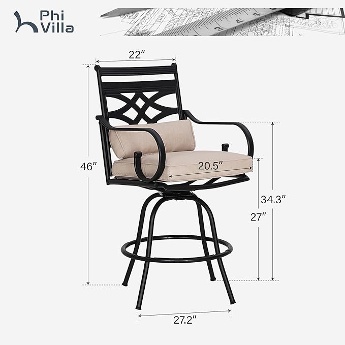 PHI VILLA 5 Pieces Patio Bar Set,Outdoor Bar Table and Chairs Set, Strong and Heavy Duty Outdoor Bar Set with Cushion and Pillow，4PCS Swivel Bar Stools with Square Bar Height Table(Style B)
