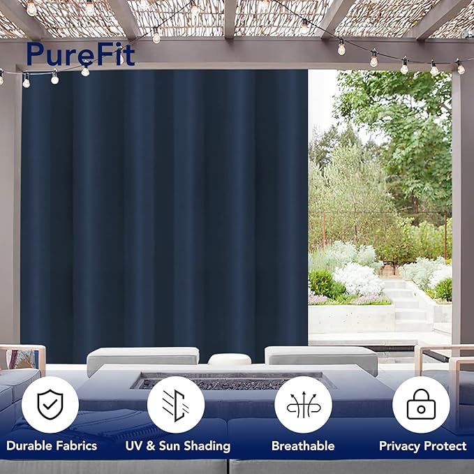 PureFit Outdoor Curtains for Patio Waterproof Weatherproof, UV and Fade Resistant Outside Curtains for Gazebo, Front Porch, Pergola, Sun Blocking Privacy Curtain, 100W x 84L inch, 1 Panel, Navy Blue
