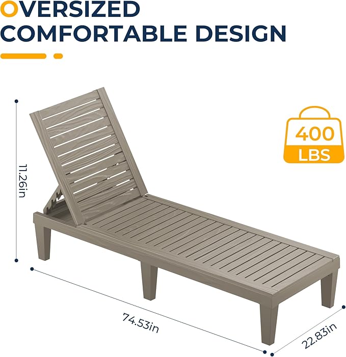 ROJIK Outdoor Chaise Lounge Chair Set of 4,with 5-Position Adjustable Backrest,Waterproof & Lightweight | Durable Indoor/Outdoor Patio Lounger Chair for Garden Pool Beach,Grey