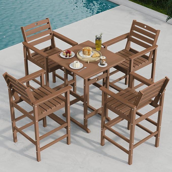 Patio Bar Table,Adirondack Chairs and Table 4 Pieces Set, Bar Height Chairs Set of 4, Outdoor Bar Stools Set,Weather-Resistant Outdoor Furniture for Deck, Balcony, Poolside Easy Assembly
