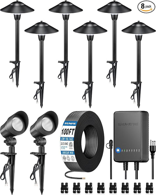 SUNVIE All-in-ONE Landscape Lighting Kit 6-Pack LED Outdoor Pathway Lights, 2-Pack Spotlights, 60W Transformer, 100FT 16/2 AWG Wire and Connectors Outdoor Landscape Lighting for Walkway Garden Yard