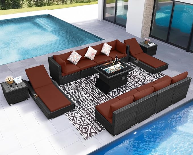 NICESOUL 13 Piece Outdoor Furniture with Fire Pit, Luxurious Wicker Patio Sectional with Fire Pit & Chaise Lounge, 500 lbs Heavy Duty 10-Person Deep Wide Couch Set for Deck, Lawn, Grey & Burgundy