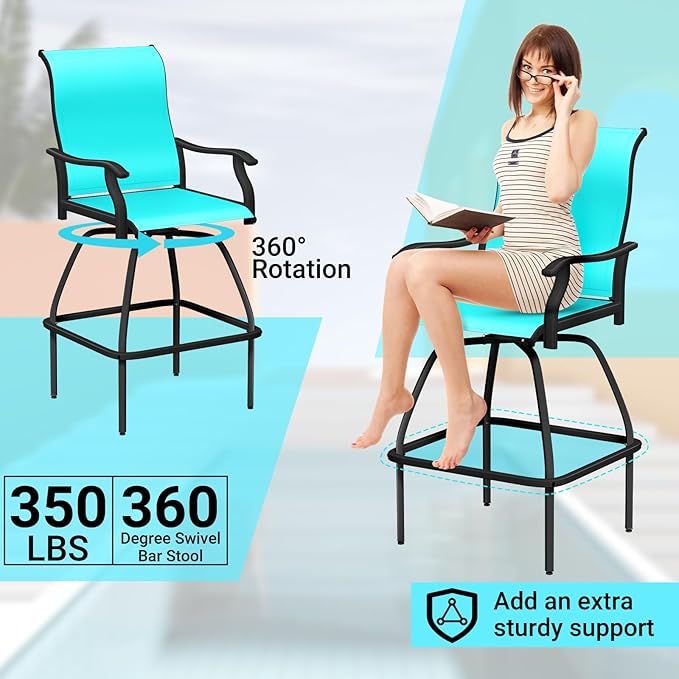 LEVELEVE Patio Bar Set 4pcs Swivel Bar Stools Outdoor Bistro Textilene Furniture Stability All-Weather Set (Lake Blue Fabric)