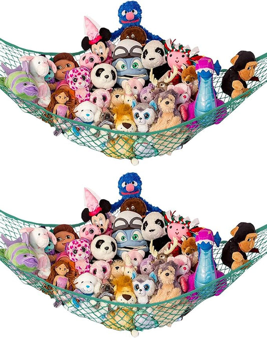 Lilly's Love Stuffed Animal Hammock | Corner Hanging Organizer, Toy Storage, Stuffed Animal Storage Net | Made from Quality Fishing Net, Holds 12lbs | 67"x47"x47" (Green, 2 Pack)