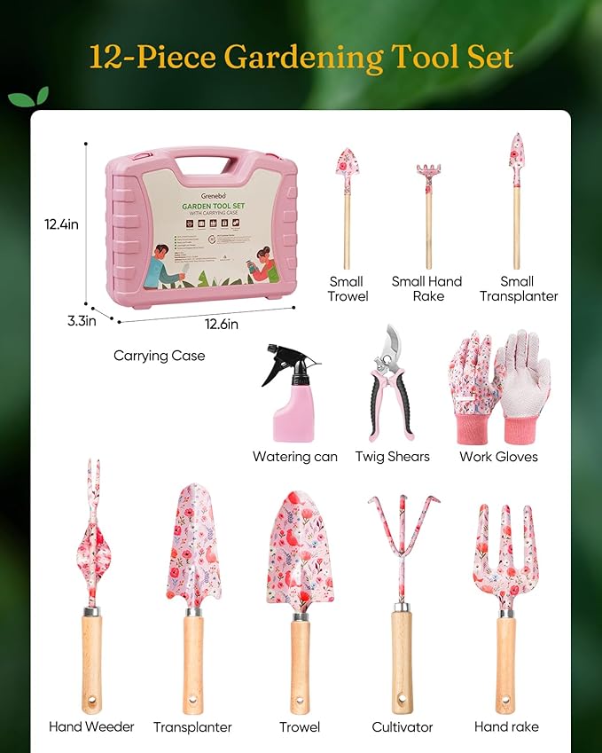 Grenebo 12-Piece Womens Gardening Tools Gift Set, Rust-Proof & Heavy-Duty Garden Tools with Durable Carrying Case, Fashionable & Thoughtful Gardening Gifts for Women&Men (Pink)