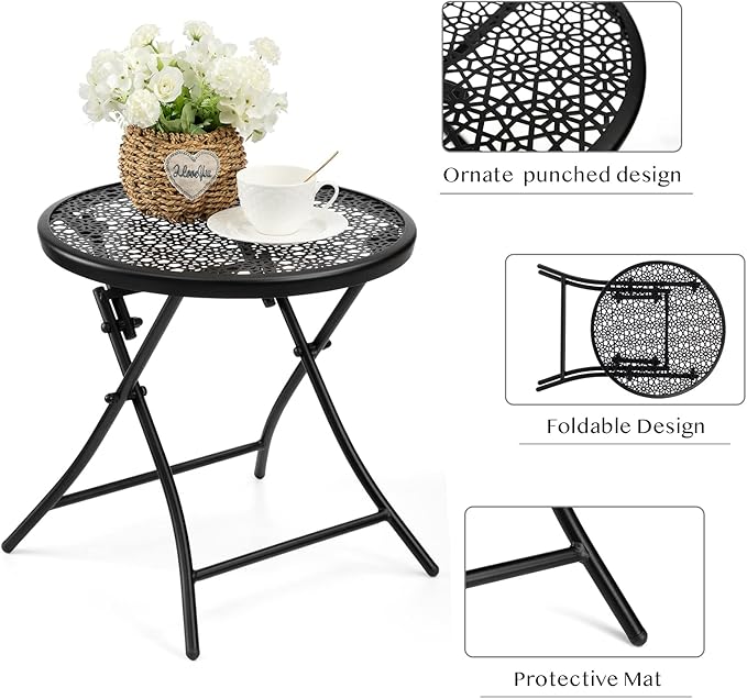TeoKJ Folding Small Outdoor Side Tables, Anti Rust Small Patio Table Round Metal Nightstand with Flower Cutouts for Porch Yard Balcony Deck Lawn, Black