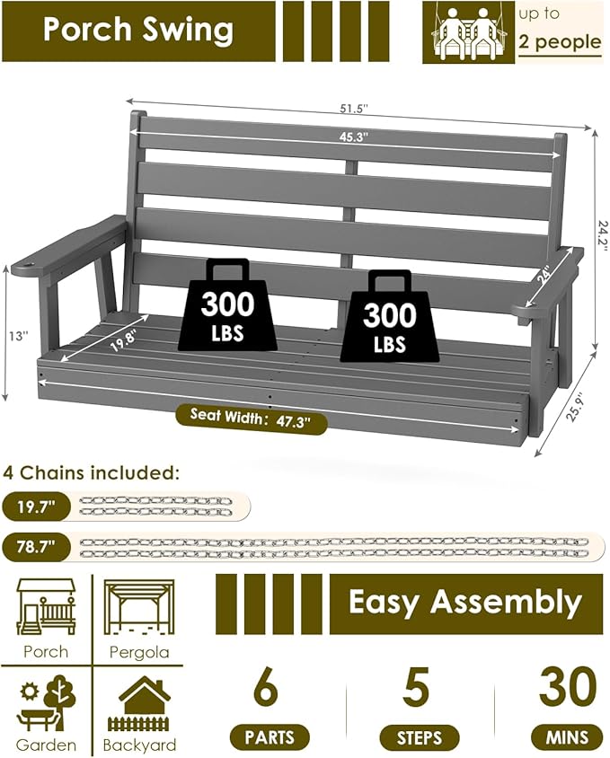 GREENVINES Porch Swing | 51’’ | HDPE Plastic | for Outdoor Patio | All Weather | Waterproof Bench Swings | w/ 4 Stainless Steel Chains | Grey