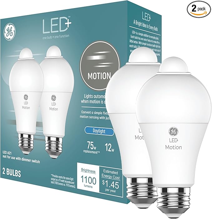 GE LED+ Motion Sensor LED Light Bulbs, 12W, Outdoor Security Lights, Daylight, A21 (2 Pack)