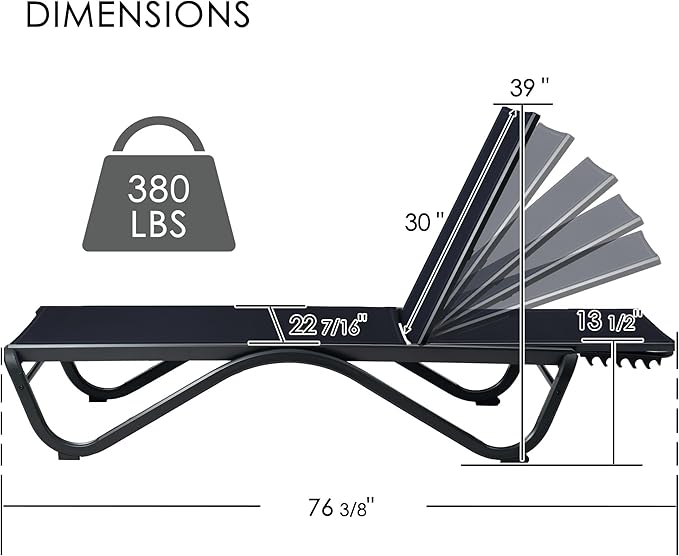 Kozyard Outdoor Chaise Lounge Chair, Full Aluminum Frame, Adjustable Reclining Patio Lounger for Poolside, Sunbathing & Backyard, Textilene (NavyBlue)