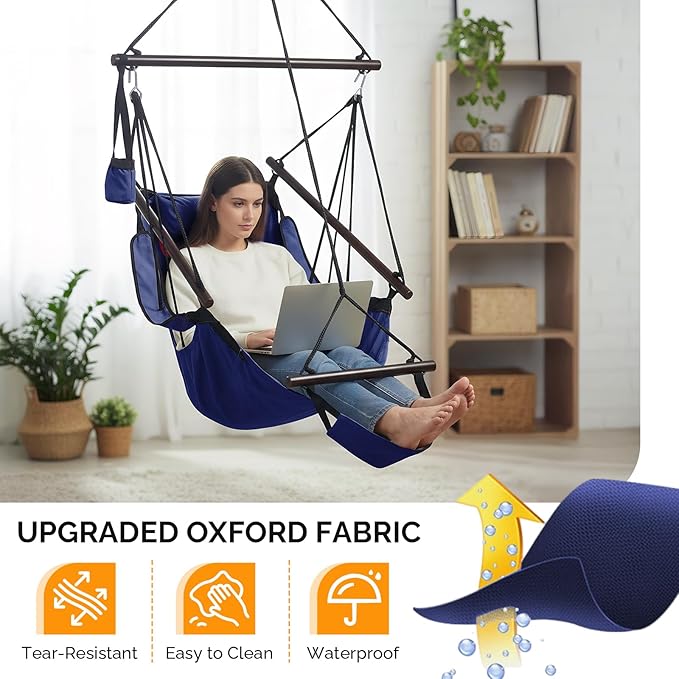 ONCLOUD Sky Chair, Deluxe Hanging Hammock Air Chair Swing Seat with Pillow, Drink Holder, Solid Wood Weather Resistant for Indoor/Outdoor Yard Garden Tree Patio Porch, 250 LBS (Navy Blue)