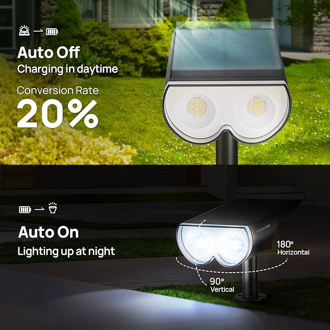 Consciot Solar Spot Lights Outdoor, 16 LEDs IP67 Waterproof Auto On/Off Landscape Spotlights, 2-in-1 Adjustable Wall Lights for Garden Yard Pathway, 6 Pack (Cool White)
