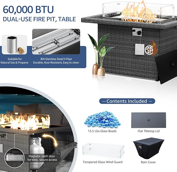 NICESOUL 11 Piece Outdoor Patio Furniture Set with Fire Pit Natural Gas/Propane, 29.3'' High Back Comfy Wicker Patio Sectional with Firepit & Chaise Lounge, 8 Seats Big Deep Couch for Backyard, Grey