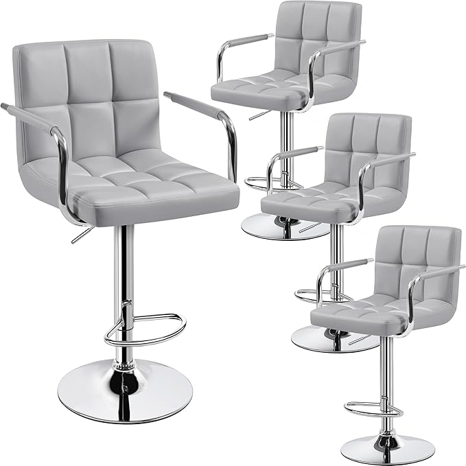 Yaheetech Bart Stools Set of 4, PU Leather Adjustable Barstools with Armrest, Counter Height Stool Chairs with Thickened Seat Cushion for Kitchen Island, Light Grey