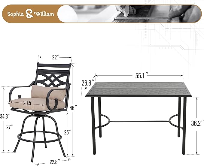 Sophia & William Patio Bar Set 5 Piece Outdoor High Dining Table and Chairs Set, 4 Swivel Bar Stools and 1 Rectangular Bar Height Table, All-Weather Metal Furniture Set with Beige Cushion