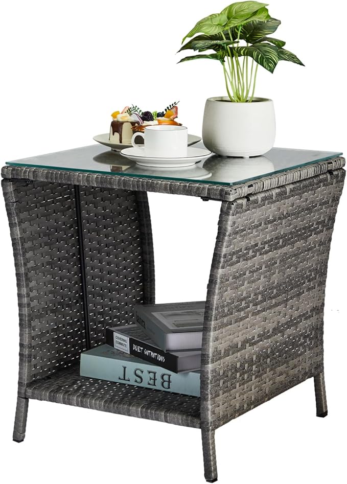 Wicker Rattan Side Table, Outdoor Square Rattan Coffee End Table with Tempered Glass Top and Storage for Patio Porch Lawn (Gray)