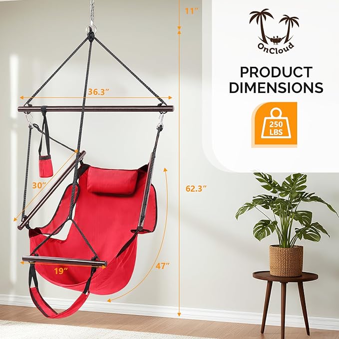 ONCLOUD Hammock Chair Hanging Swing Seat Air Deluxe Rope Through Beech Wood Bars, Drink Holder & Fuller Pillow Safer Relax for Indoor Outdoor 250Lbs, Red