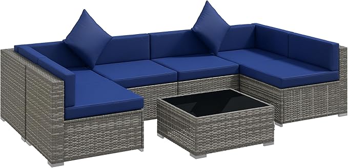 Outsunny 7 Piece Patio Furniture Set, Wicker Outdoor Sectional Sofa Set, All Weather PE Rattan Outdoor Furniture Conversation Sets with Cushions, Glass Top Coffee Table, Pillows, Blue