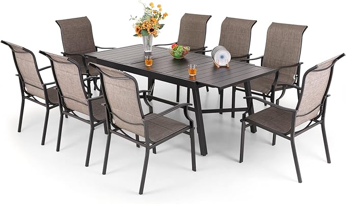 PHI VILLA 9 PCS Patio Dining Set, Outdoor Table and Chair Set with 8 Padded High Back Dining Chair, 1 Extandable Metal Table for Outside, Poolside