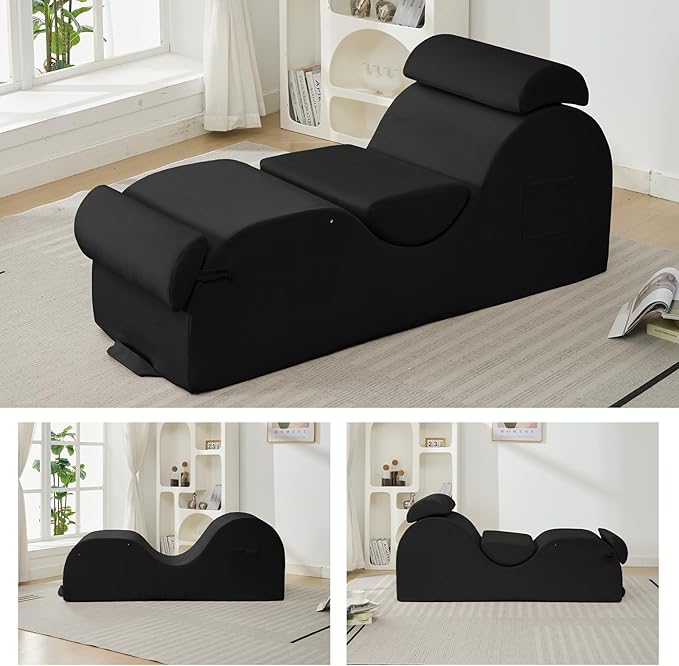 ijuicy Sleek Chaise Lounge Chair for Exercise/Yoga, Indoor Lounger with Headrest, Waist Cushion, Movable Footrest, Side Pockets, Non-Slip Bottom, High Density Sponge, Black