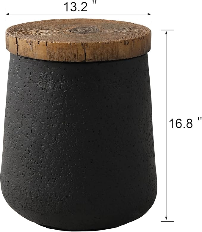 SUNBURY Small Outdoor Side Table, 13" W Black Outdoor End Tables for Patio, Accent Side Table, Garden Stool Wooden-Look Top Concrete for Livingroom Bedroom, Garden, Backyard