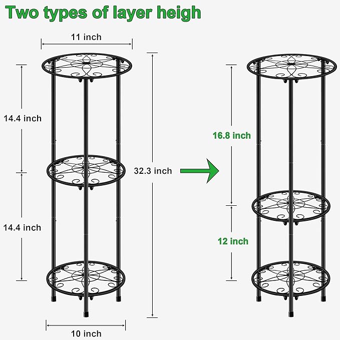 CASIMR Plant Stand Indoor Outdoor, Metal Rustproof Flower Shelf 3 Tier 32.3 inch, Tall Multiple Plant Pot Holder Rack for Garden Patio Living Room Corner Balcony, 2 Pack Black