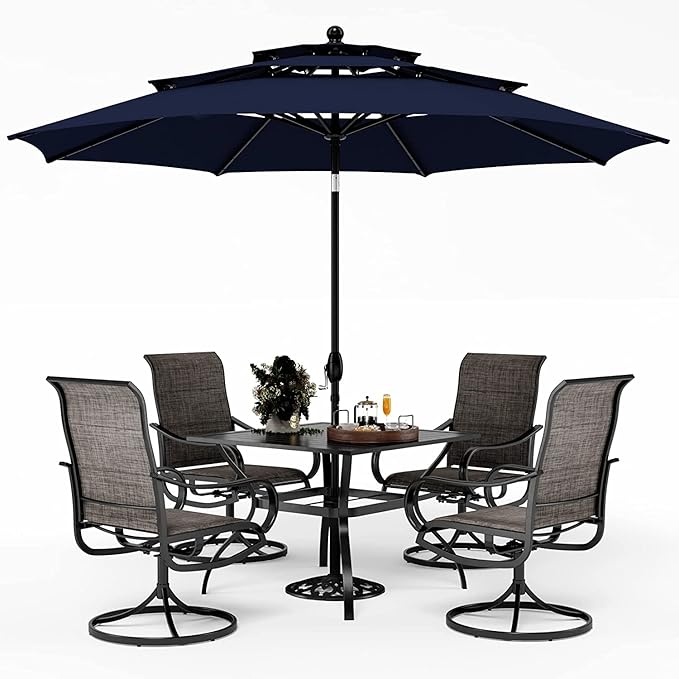 PHI VILLA Patio Dining Set with Umbrella for 4, Outdoor Table & Chairs Set with 4 Padded Swivel Patio Dining Chairs, 1 Metal Dining Table and 10ft Navy Blue Large Patio Umbrella (No Umbrella Base)