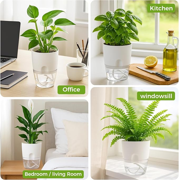 Planterhoma 8 Pack Self Watering Pots for Indoor Plants, 4 Inch Plant Pot Plastic Self Watering Planter for Orchid, African Violet, Small Clear Flower Pots with Drainage Holes and Wicking Rope, White