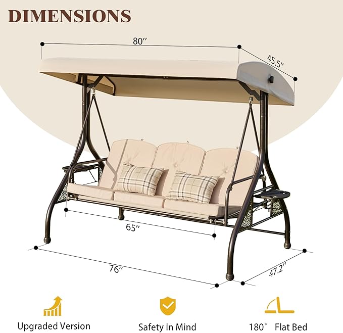 Upgrade 180° Convertible Outdoor Swing for Adults, Outdoor Porch Swing with Stand 800lb Bearing Capacity, 3-Seat Outdoor Swing with Canopy Adjustable, Thickened Cushions (Round, Khaki)