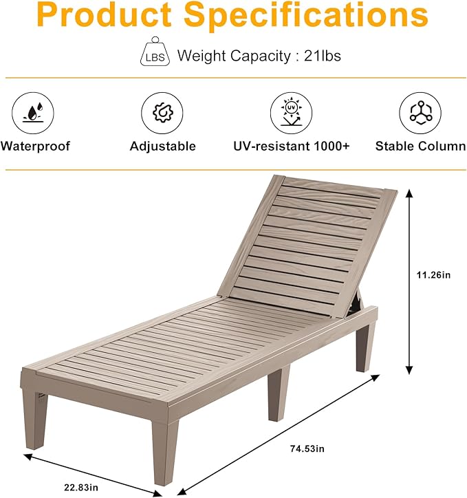 EasyUp Resin Chaise Lounge Chairs with 5-Position Backrest, UV & Fade-Resistant, Waterproof for Garden, Pool, Beach & Patio (Set of 1-Grey)