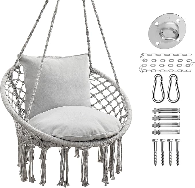 JoyView Macrame Hammock Chair Hanging Swing Chair Max 330 Lbs with 2 Cushions and Hardware Kits for Indoor Outdoor Bedroom Patio Garden - Light Grey