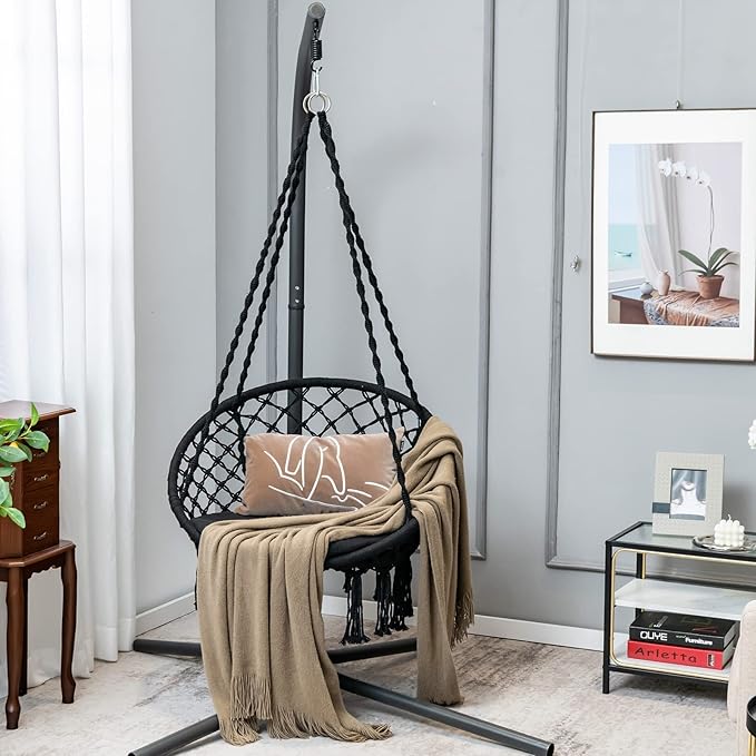 Giantex Hammock Chair Macrame Swing - Hanging Chair with Cushion and Hardware Kit, 330 LBS Weight Capacity, Indoor Swing for Hammock Stand, Patio, Balcony, Living Room Hammock Swing (Black)
